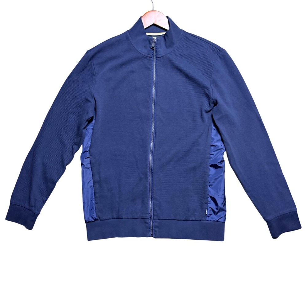 BOSS Jacket Mens M Shepherd 50 Navy Blue Mixed Media Zip Front EUC